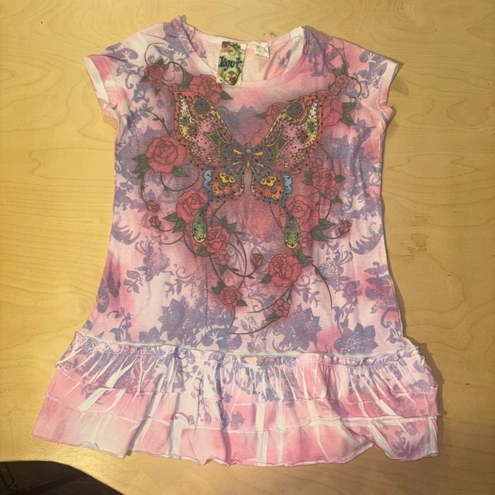True Vintage Y2K Kyut Ruffle Hem Top Kids Sz XL Pink Butterfly Roses Graphic Tee